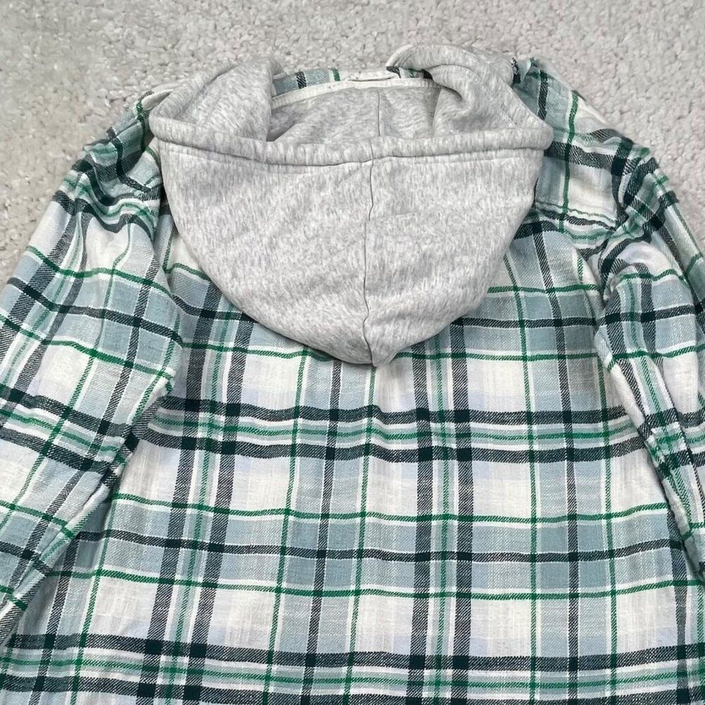 American Eagle Cozy Cabin Hoodie Flannel Shirt Green Plaid Womens Medium - Picture 7 of 8